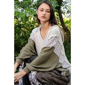 POL Womens Floral Patchwork Boho Cottagecore Boho Waffle Knit Hoodie Sweater